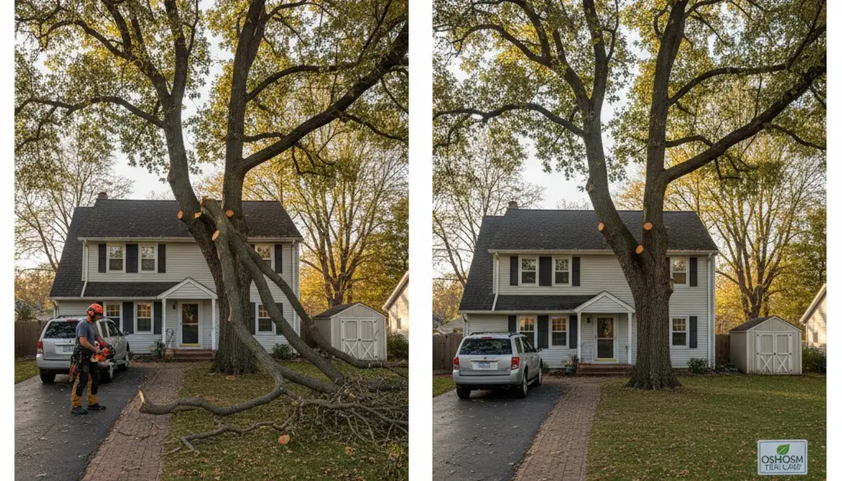 Arborist lifting tree canopy for driveway and walkway clearance in Oshkosh, WI tree trimming service