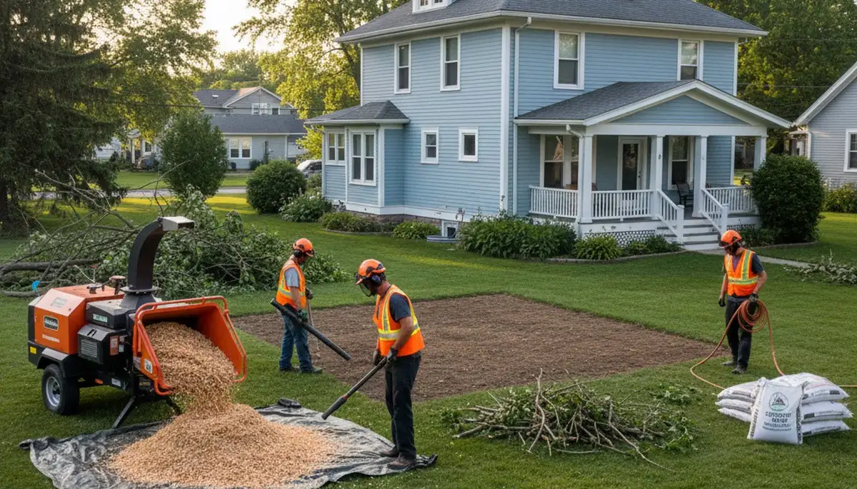 Completed tree removal and yard cleanup by professional crew in Oshkosh WI with stump grinding and mulch