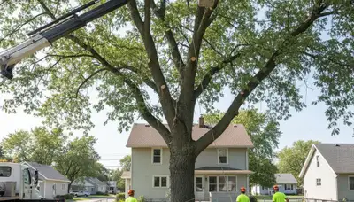 Arborists using bucket truck for large tree removal at Omro home near Oshkosh WI ensuring safe property care