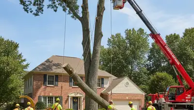Arborists using bucket truck for large tree removal at Pickett home near Oshkosh, WI