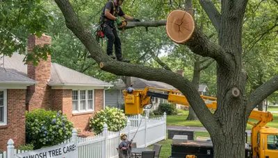Arborist removing dead branches with safety gear during tree trimming in Oshkosh, WI