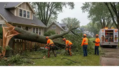 Emergency tree removal crew clearing storm damage for homeowners in Larsen near Oshkosh, WI