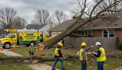 Emergency tree removal crew clearing storm damage for homeowners in Neenah near Oshkosh, WI