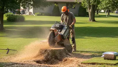 Professional stump grinding removing tree stumps in Larsen near Oshkosh, WI for lawn restoration