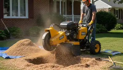 Professional stump grinding service removing tree stumps in Neenah, near Oshkosh WI yard restoration
