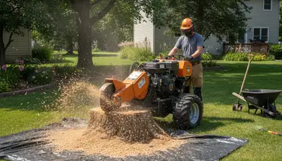 Professional stump grinding service removing tree stumps in Omro, WI near Oshkosh tree removal experts