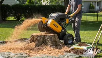 Professional stump grinding removing tree stumps on residential lawn in Pickett near Oshkosh, WI