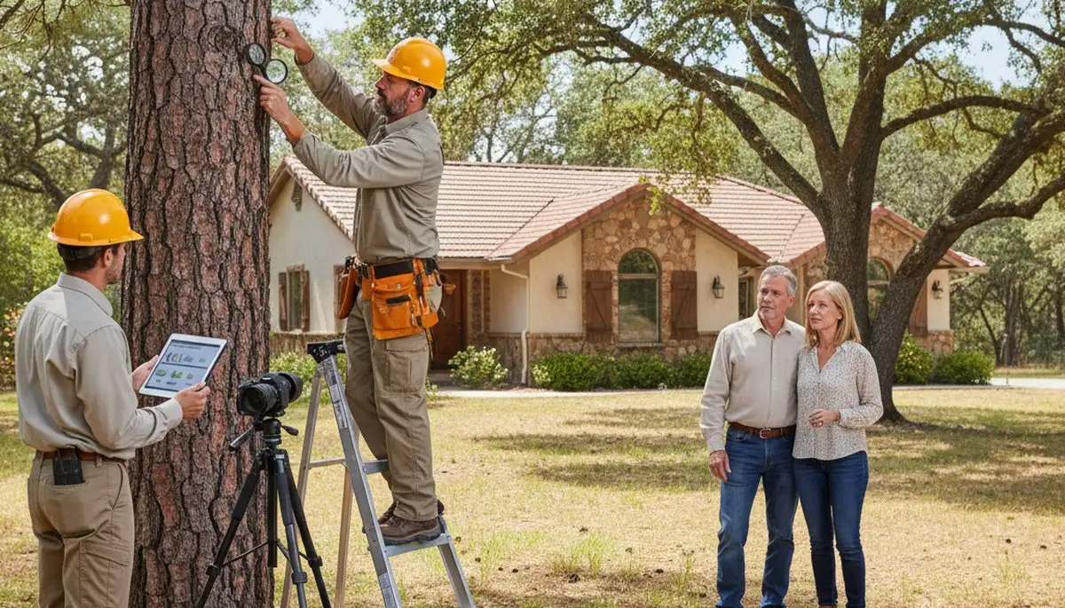 Certified arborist performing tree health assessment for homeowners in Eldorado, WI near Oshkosh tree service