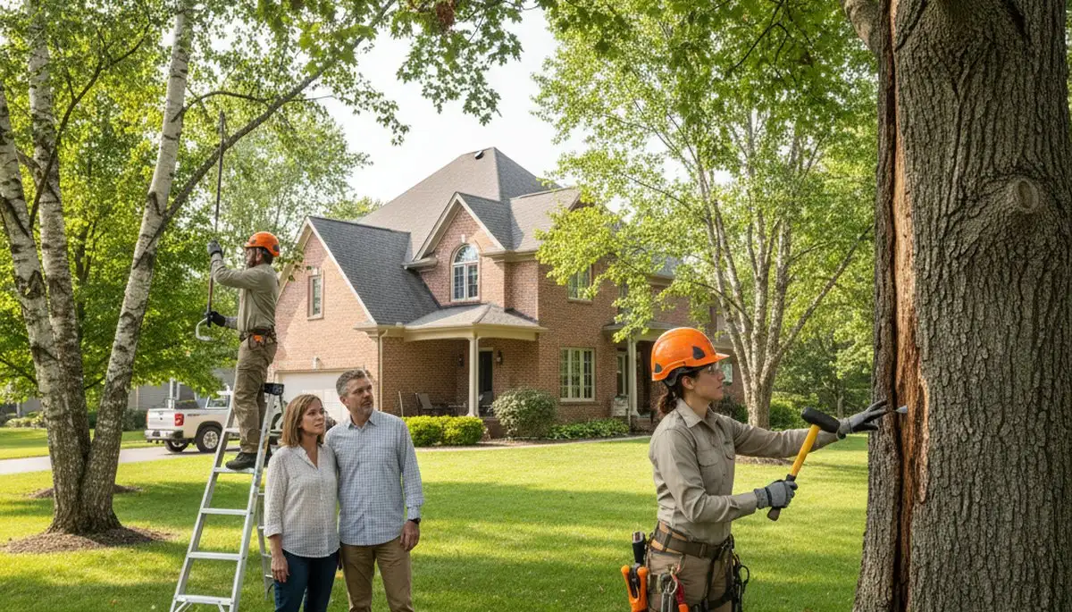 Certified arborist performing tree health assessment for homeowners in Neenah, WI near Oshkosh tree experts
