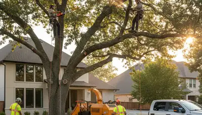 Arborist pruning oak tree branches in residential yard, professional tree care Oshkosh WI