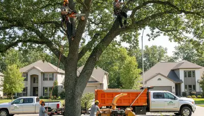 Arborist pruning oak tree branches in Oshkosh, WI for Chop Chop Tree professional tree care