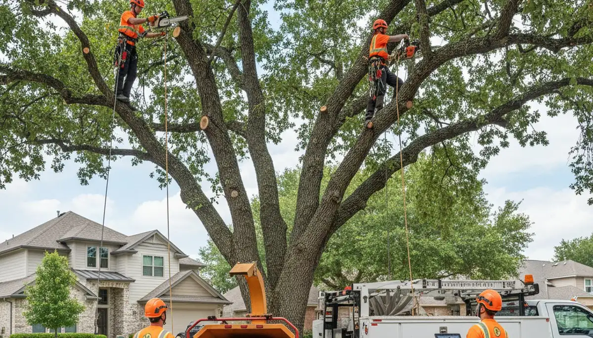 Arborist pruning oak tree branches for health and safety in Oshkosh, WI