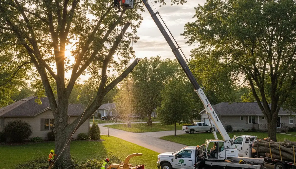 Professional tree removal service in Oshkosh, WI safely cutting down large backyard tree