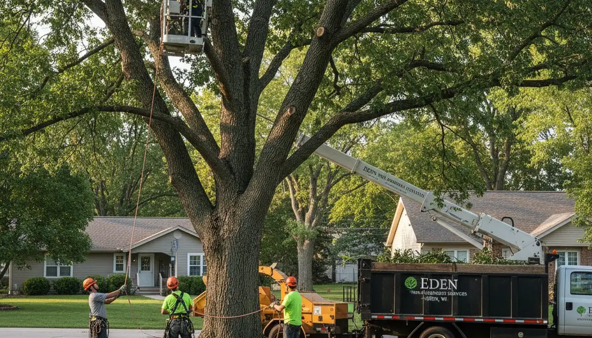 Professional tree removal service in Oshkosh WI safely cutting and clearing large oak trees