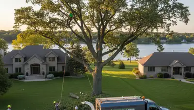 Professional tree removal service in Oshkosh WI safely cutting large tree near residential property