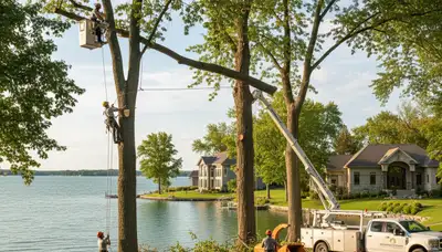 Professional tree removal service in Oshkosh WI safely cutting and clearing large residential trees