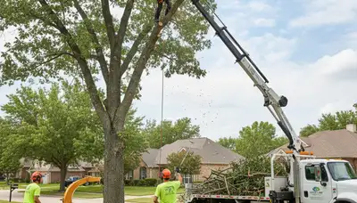 Arborist trimming oak tree branches in Oshkosh, WI for Chop Chop Tree professional tree service