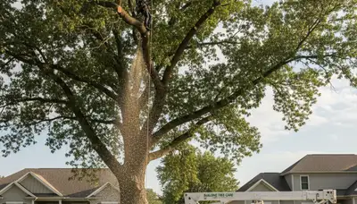 Professional tree removal service in Oshkosh WI safely cutting and clearing large oak tree