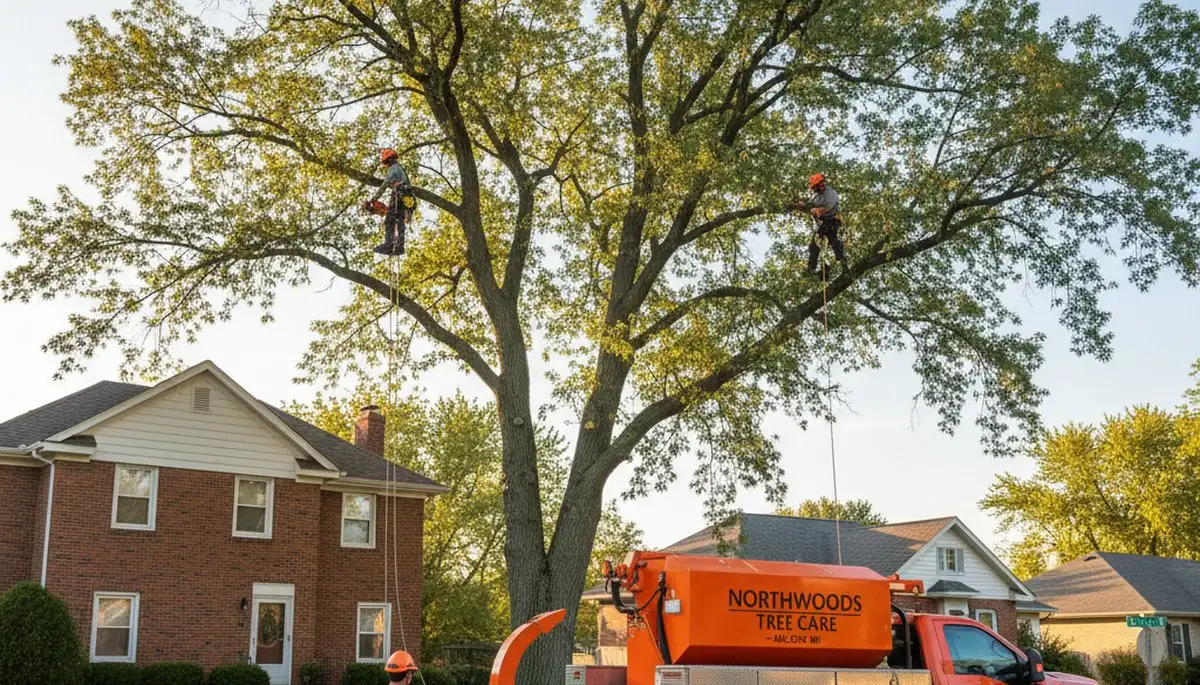 Professional tree removal service team in Oshkosh WI safely cutting and clearing large trees