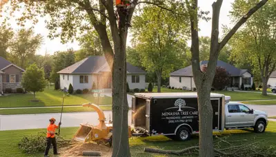 Professional tree removal service in Oshkosh WI safely clearing large oak near residential property
