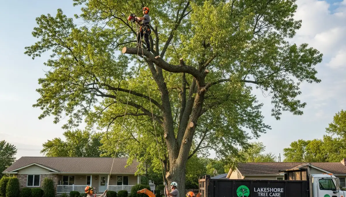Professional tree removal service crew working safely in Oshkosh WI residential neighborhood