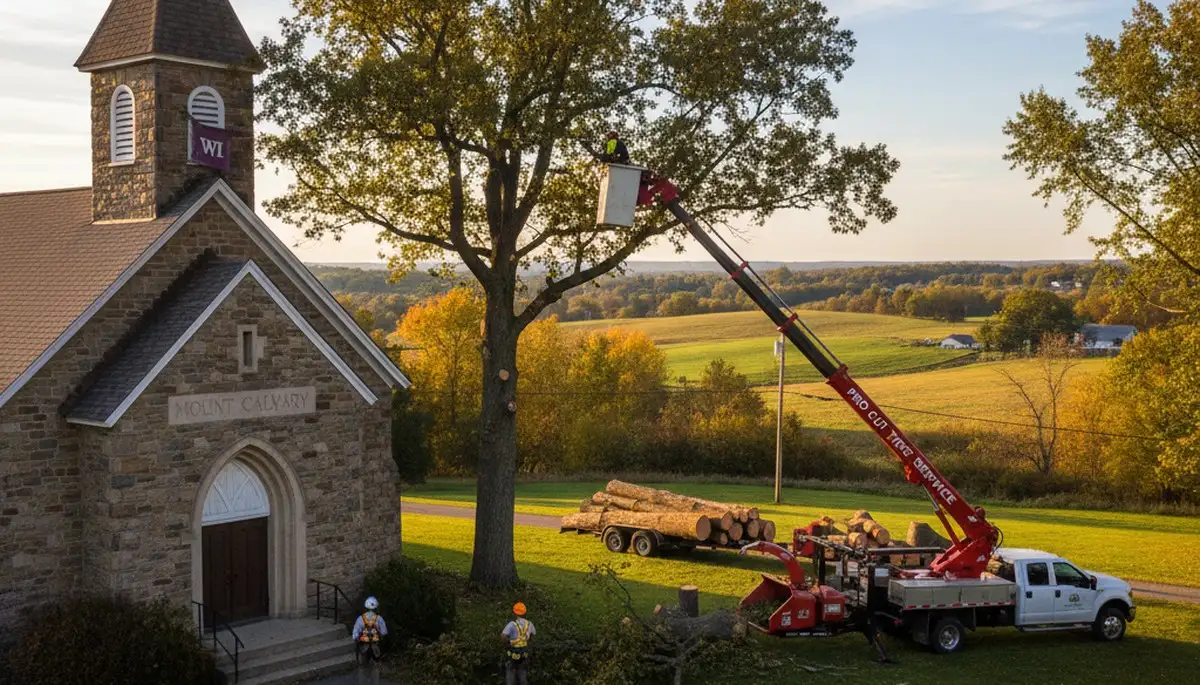 Professional tree removal service in Oshkosh WI safely cutting and clearing large backyard trees