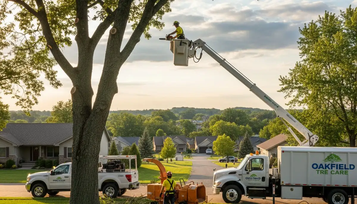 Professional tree removal service in Oshkosh WI safely cutting and clearing large oak tree