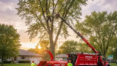 Professional tree removal service in Oshkosh WI safely cutting down large oak tree