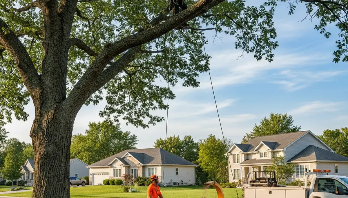 Professional tree removal service crew in Oshkosh WI safely cutting large oak tree