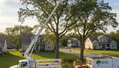 Professional tree removal service in Oshkosh WI safely cutting down large backyard tree