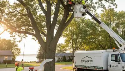 Professional tree removal service team in Oshkosh WI clearing large oak tree safely